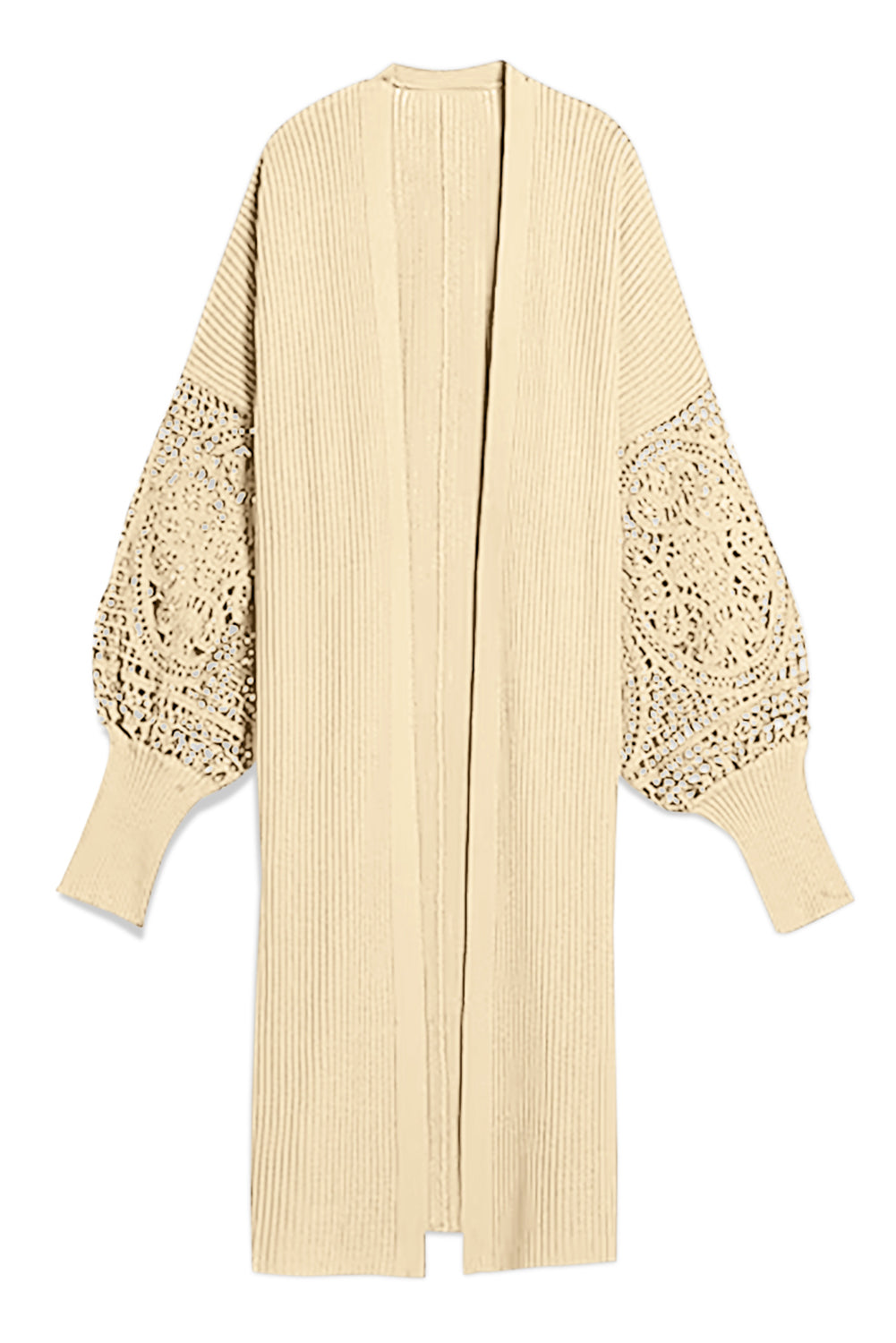 Apricot Lace Puff Sleeve Ribbed Knit Long Cardigan