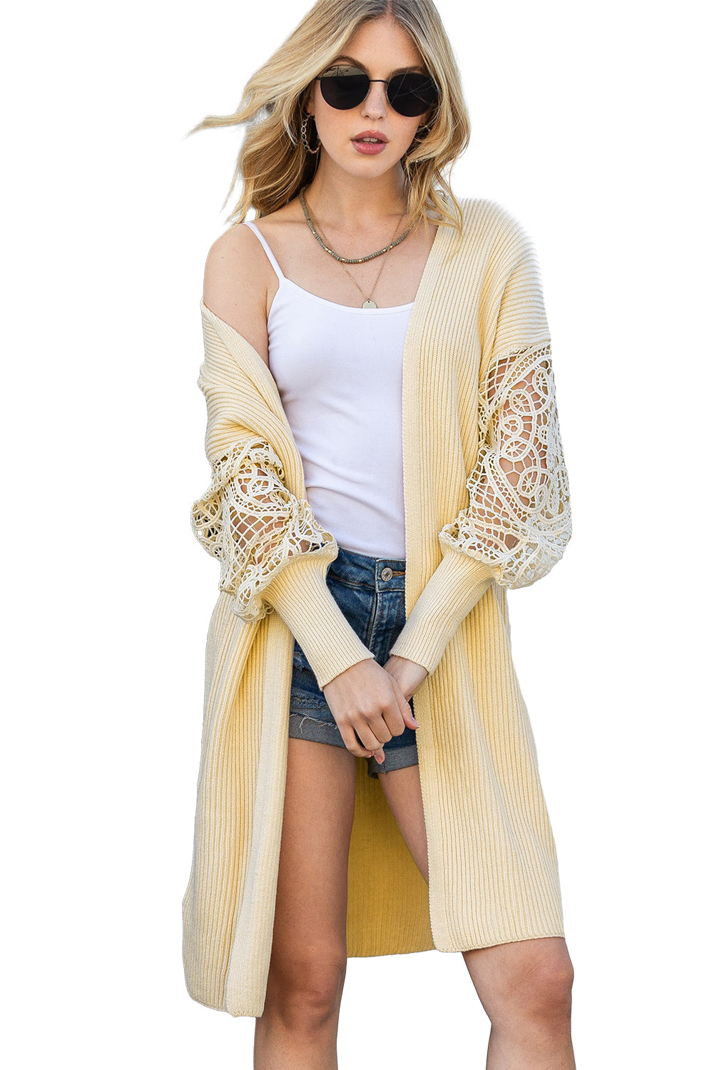 Apricot Lace Puff Sleeve Ribbed Knit Long Cardigan