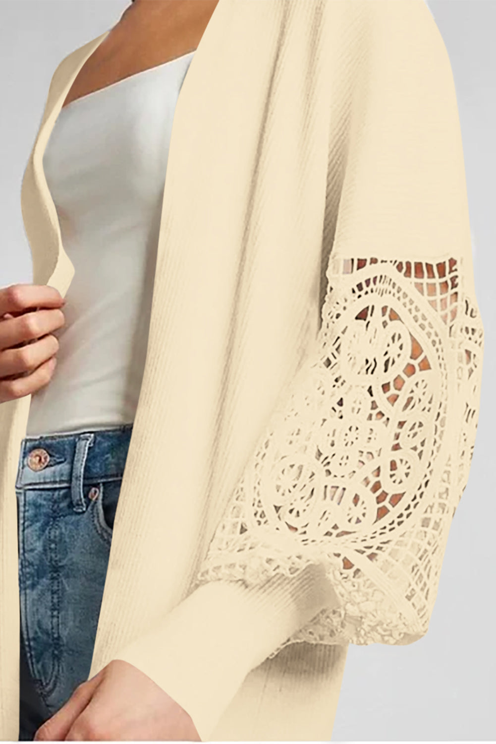 Apricot Lace Puff Sleeve Ribbed Knit Long Cardigan