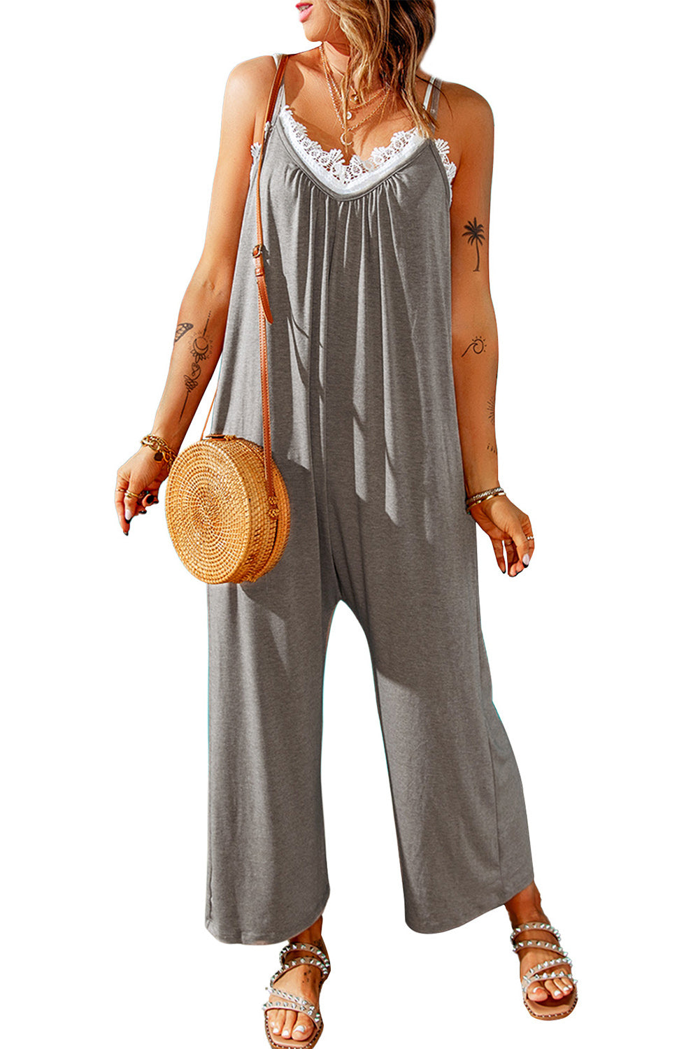 Grey Casual Spaghetti Straps Wide Leg Pocketed Jumpsuits