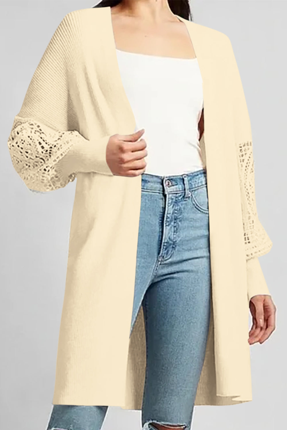 Apricot Lace Puff Sleeve Ribbed Knit Long Cardigan