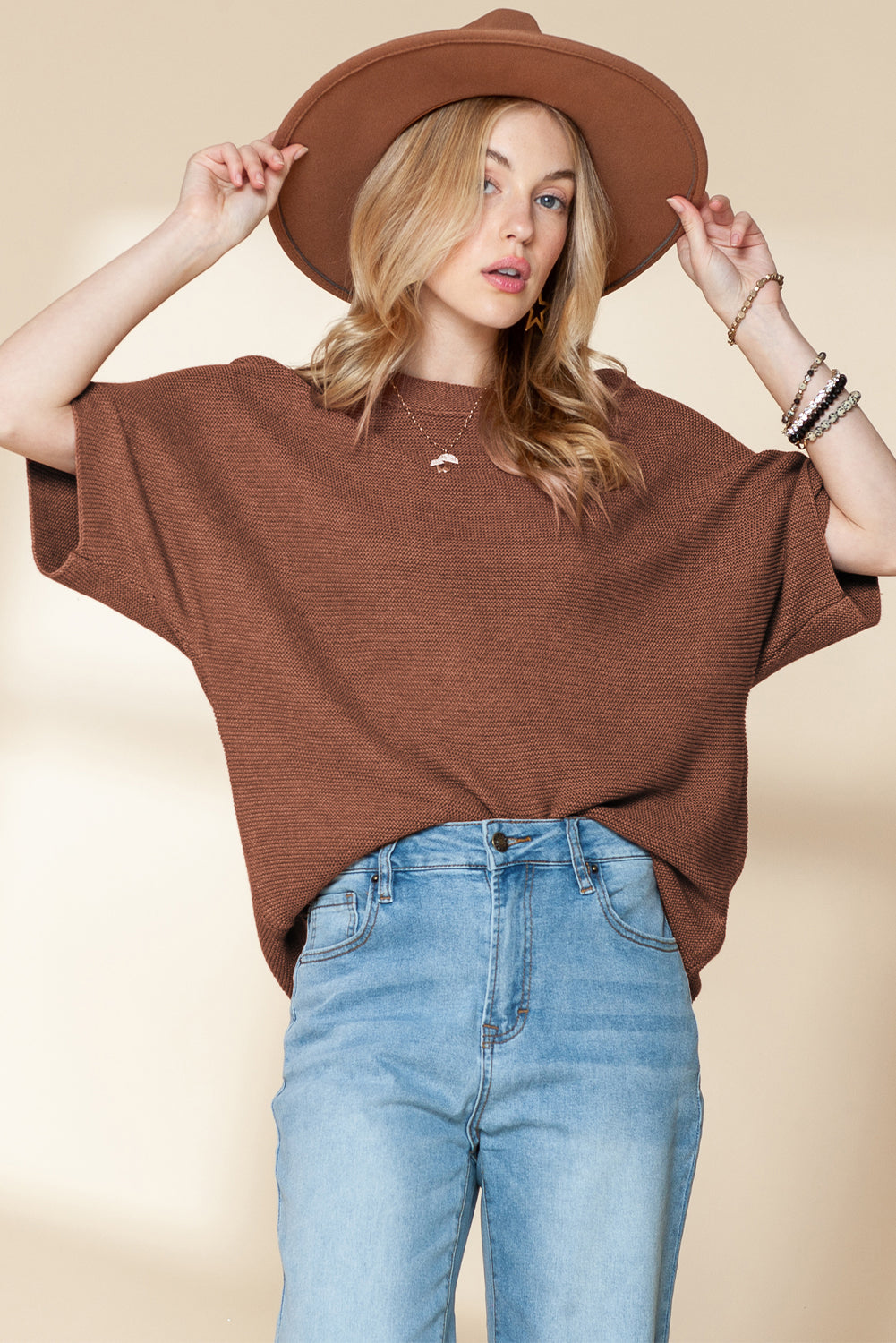 Coffee Mock Neck Short Batwing Sleeve Sweater