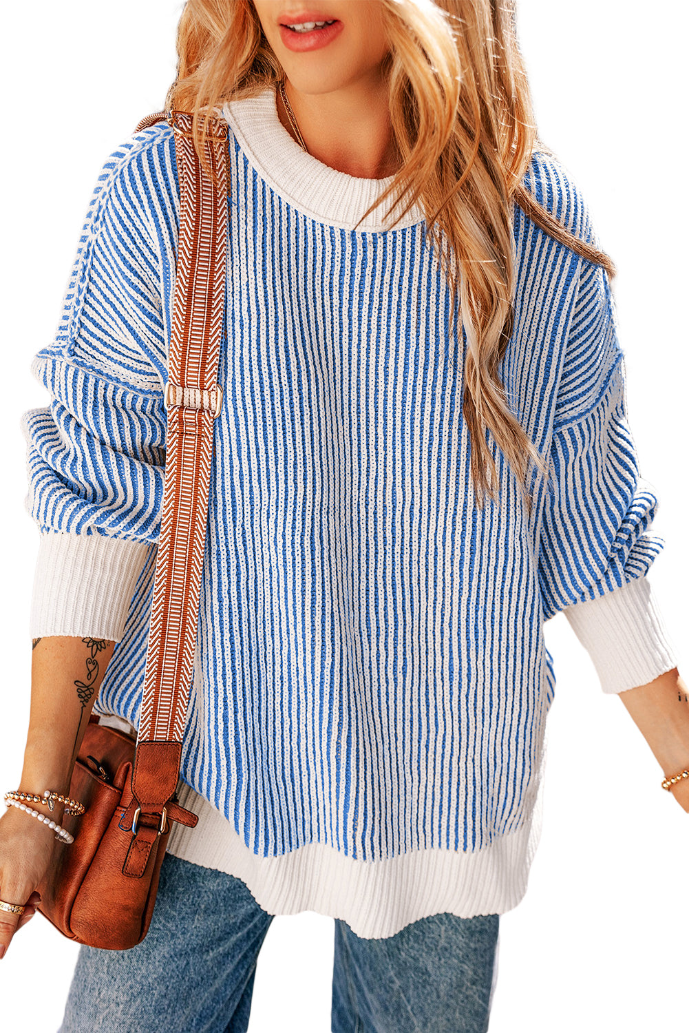 Chestnut Striped Contrast Trim Loose Sweater