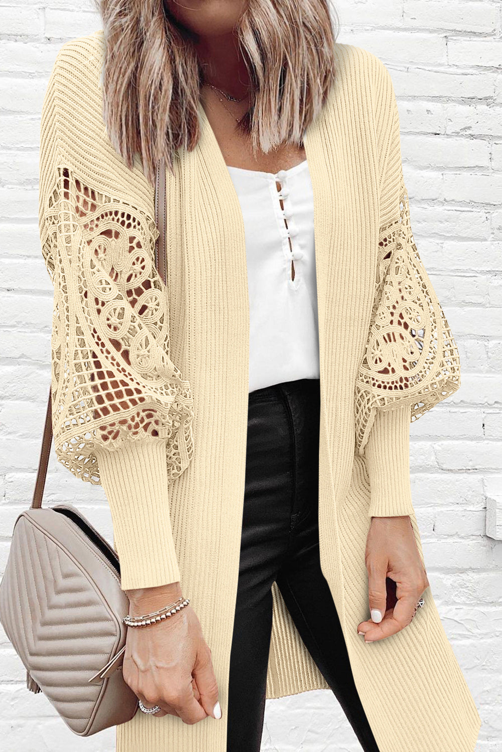 Apricot Lace Puff Sleeve Ribbed Knit Long Cardigan