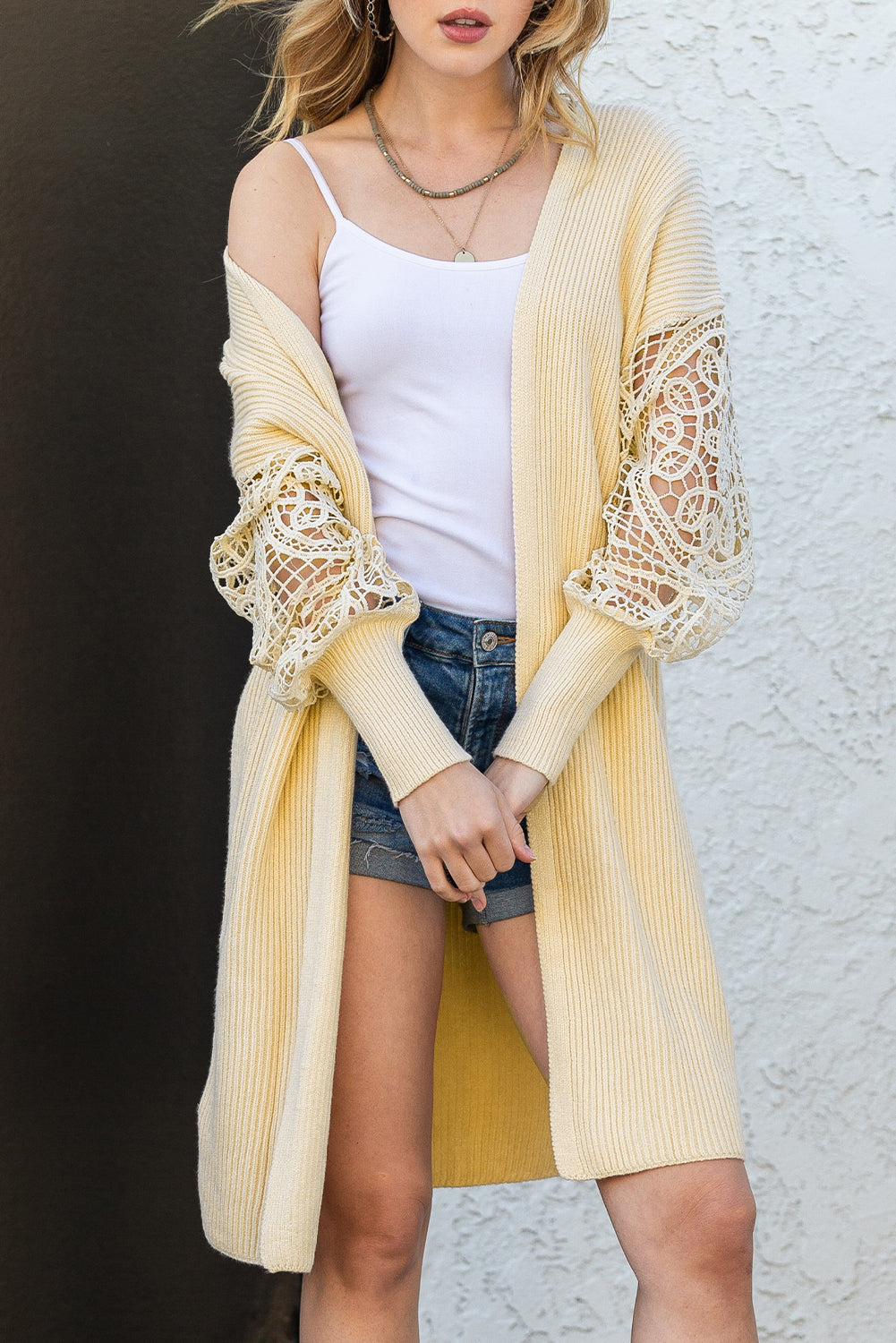 Apricot Lace Puff Sleeve Ribbed Knit Long Cardigan