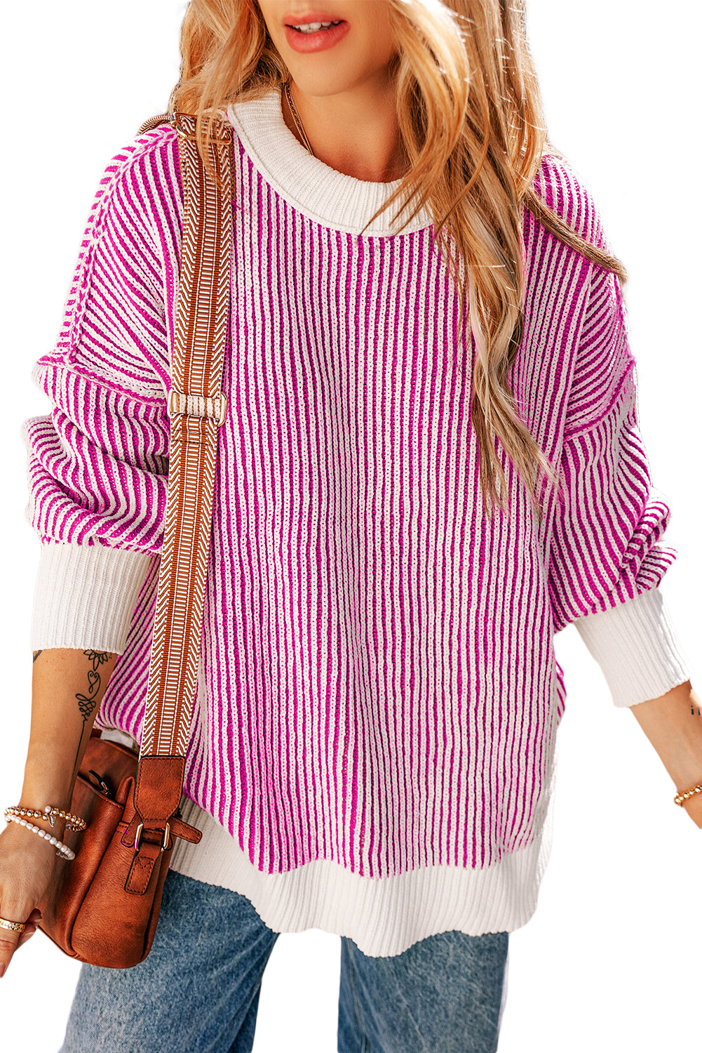 Chestnut Striped Contrast Trim Loose Sweater