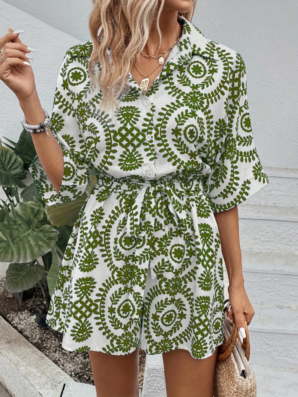 Blue Random Ethnic Print High Waist Half Sleeve Romper