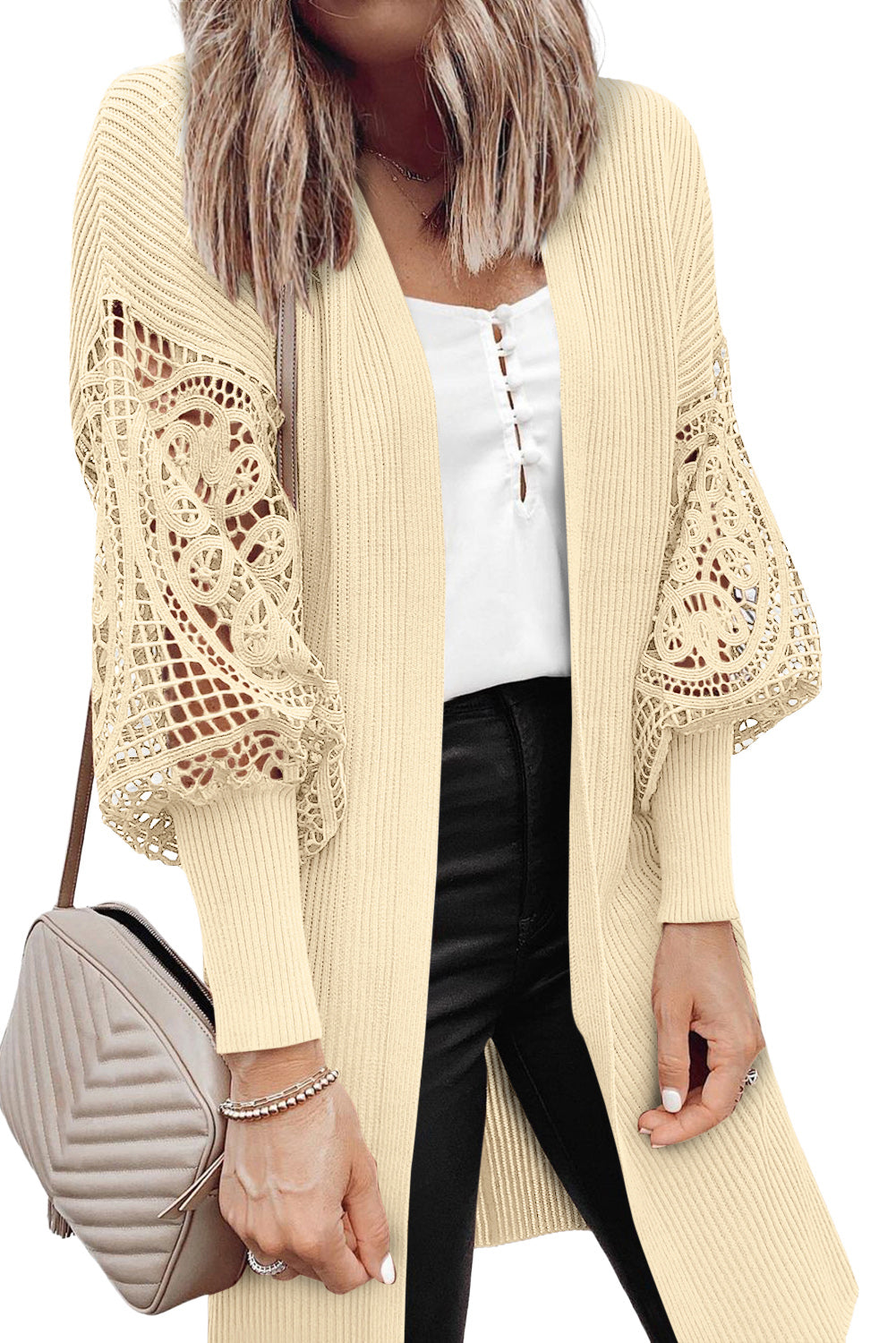 Apricot Lace Puff Sleeve Ribbed Knit Long Cardigan