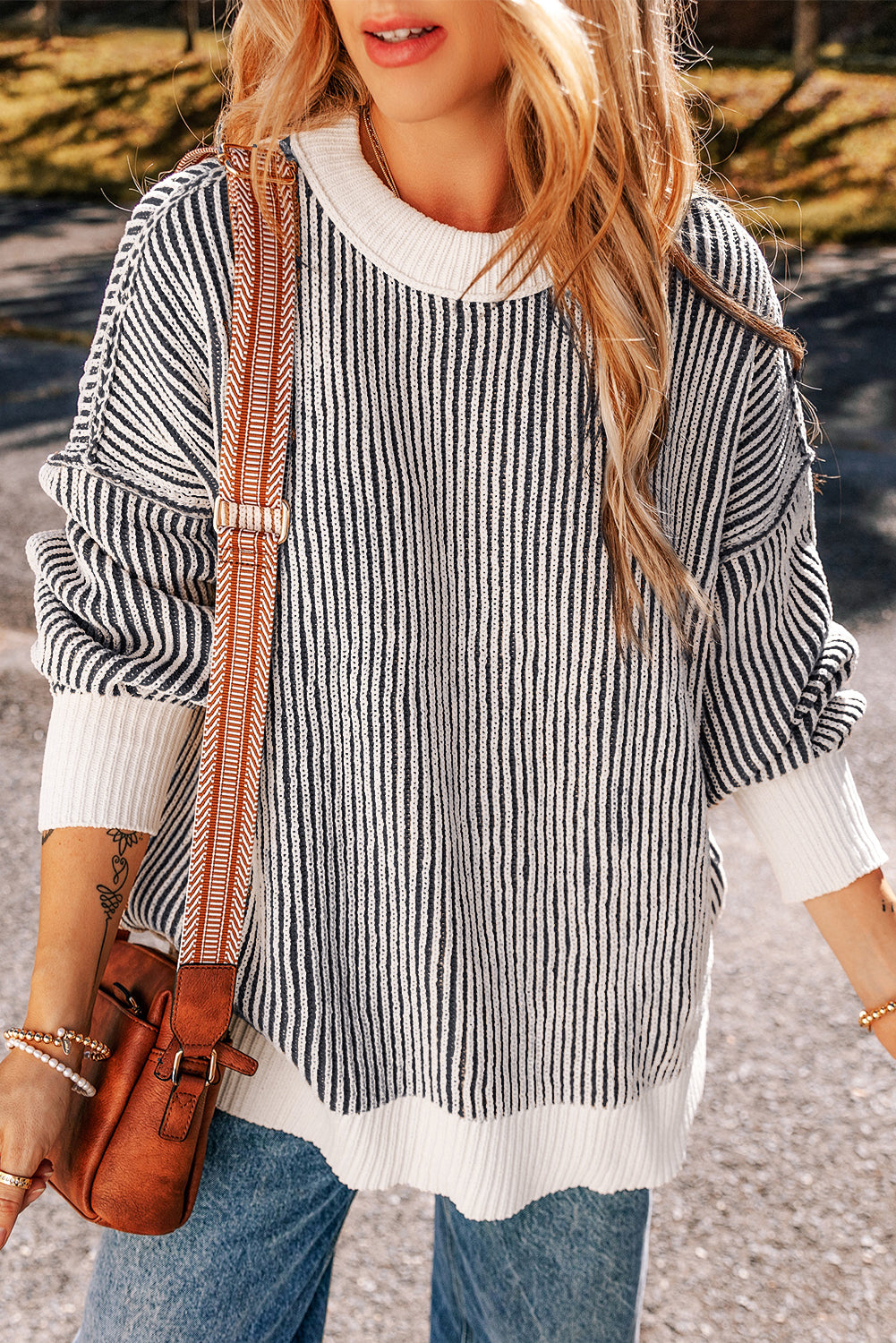 Chestnut Striped Contrast Trim Loose Sweater