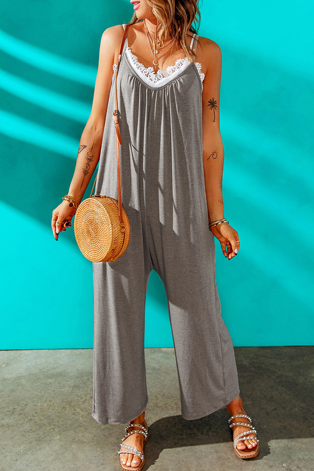 Grey Casual Spaghetti Straps Wide Leg Pocketed Jumpsuits