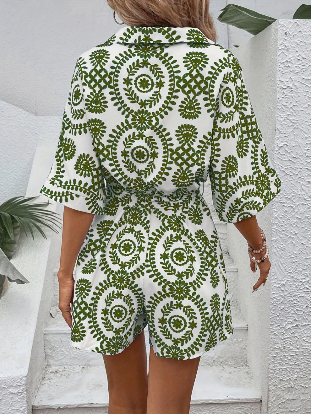 Blue Random Ethnic Print High Waist Half Sleeve Romper